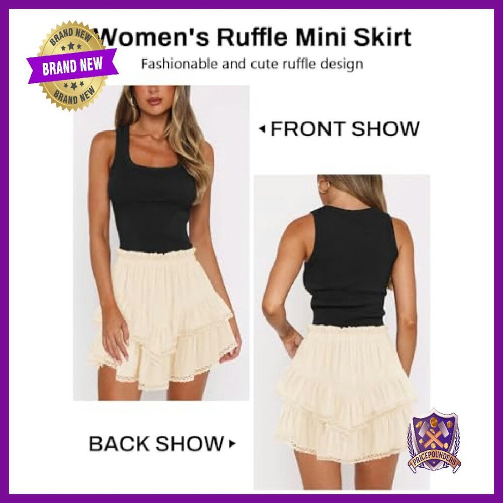 High Waist Ruffle Mini Skirt Lace Trim Flowy Tiered Athletic - Picture 3 of 6